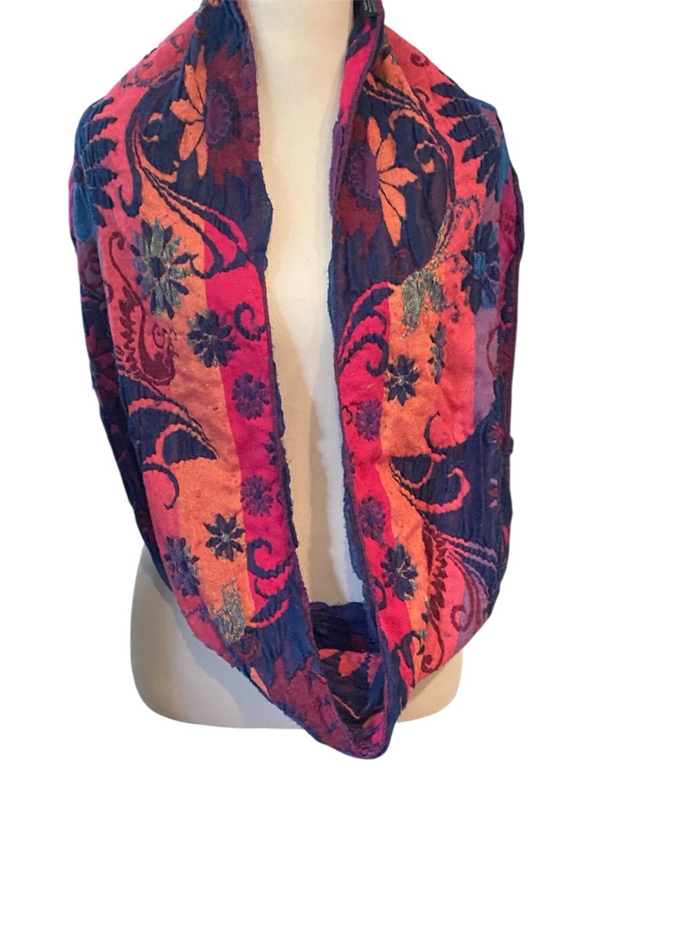 Vibrant multicolored embroidered infinity scarf